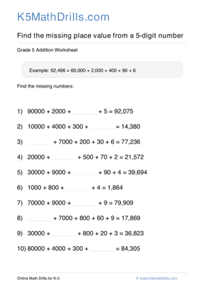 Grade 5 Place Value Missing 5 Digit 1