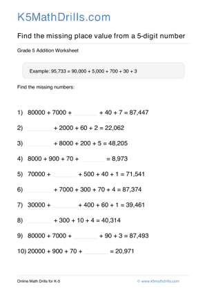 Grade 5 Place Value Missing 5 Digit 10