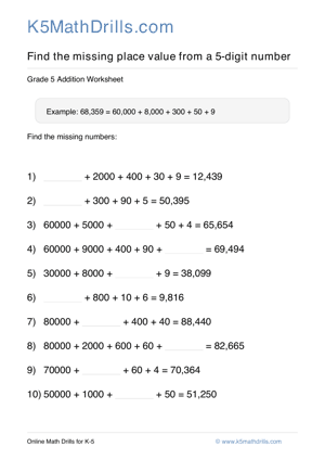 Grade 5 Place Value Missing 5 Digit 100