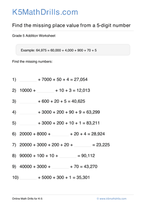 Grade 5 Place Value Missing 5 Digit 11