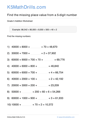 Grade 5 Place Value Missing 5 Digit 12