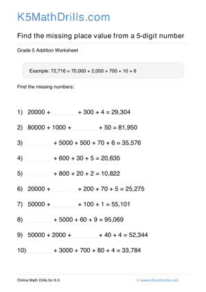 Grade 5 Place Value Missing 5 Digit 13