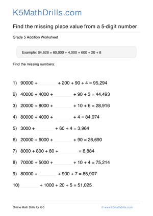 Grade 5 Place Value Missing 5 Digit 14