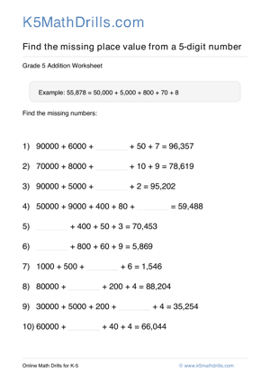 Grade 5 Place Value Missing 5 Digit 15