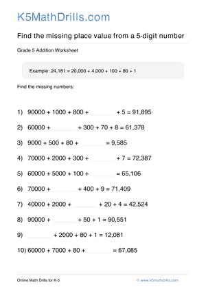 Grade 5 Place Value Missing 5 Digit 16