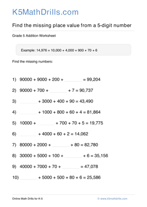 Grade 5 Place Value Missing 5 Digit 18