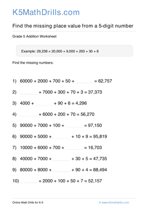 Grade 5 Place Value Missing 5 Digit 2