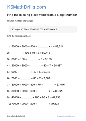 Grade 5 Place Value Missing 5 Digit 20