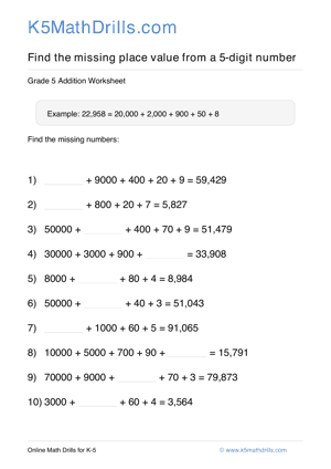 Grade 5 Place Value Missing 5 Digit 21