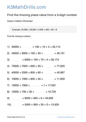 Grade 5 Place Value Missing 5 Digit 22