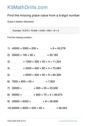 Grade 5 Place Value Missing 5 Digit 23