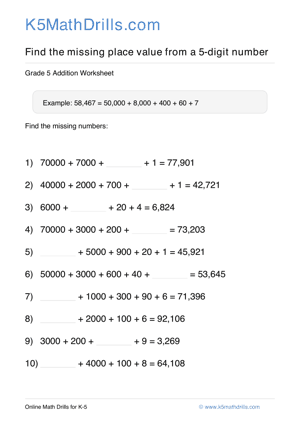 Grade 5 Place Value Missing 5 Digit 24