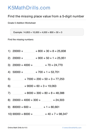 Grade 5 Place Value Missing 5 Digit 25