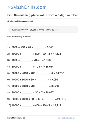 Grade 5 Place Value Missing 5 Digit 28