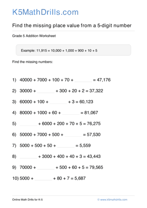 Grade 5 Place Value Missing 5 Digit 3