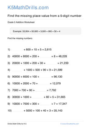 Grade 5 Place Value Missing 5 Digit 30