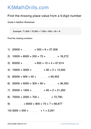 Grade 5 Place Value Missing 5 Digit 33