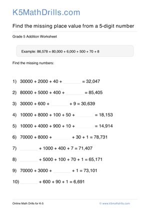 Grade 5 Place Value Missing 5 Digit 35