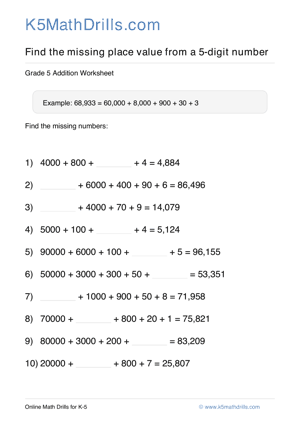 Grade 5 Place Value Missing 5 Digit 38