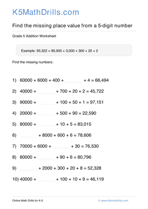 Grade 5 Place Value Missing 5 Digit 39