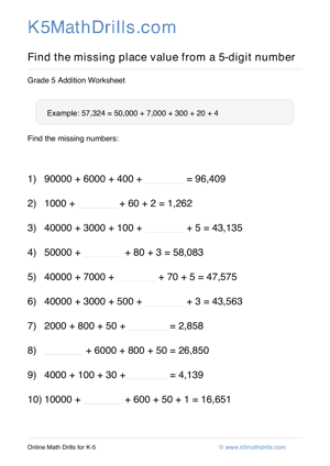 Grade 5 Place Value Missing 5 Digit 4