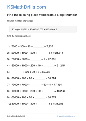 Grade 5 Place Value Missing 5 Digit 40