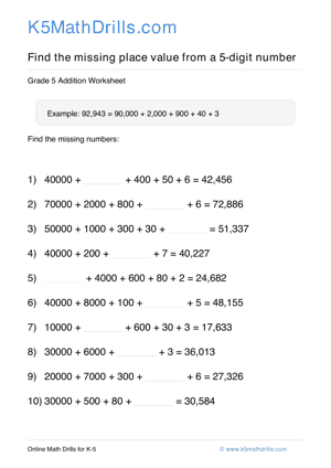 Grade 5 Place Value Missing 5 Digit 42