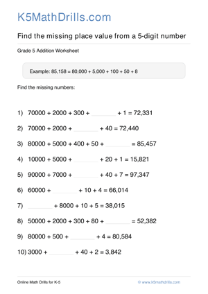 Grade 5 Place Value Missing 5 Digit 44