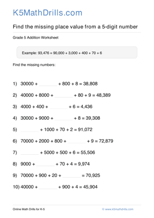 Grade 5 Place Value Missing 5 Digit 45