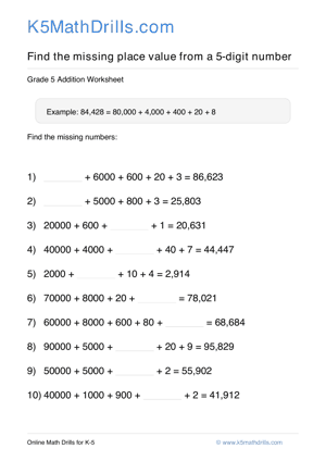 Grade 5 Place Value Missing 5 Digit 48