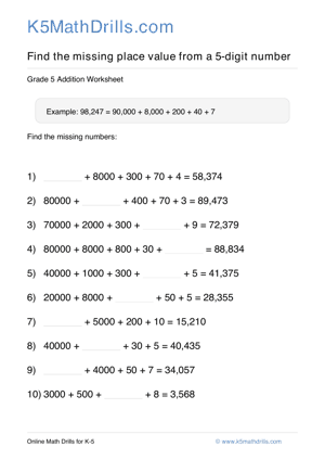 Grade 5 Place Value Missing 5 Digit 5