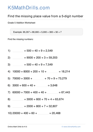 Grade 5 Place Value Missing 5 Digit 50