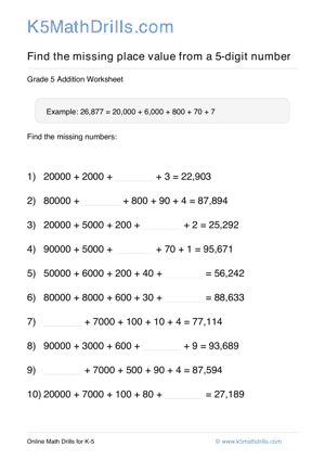 Grade 5 Place Value Missing 5 Digit 51