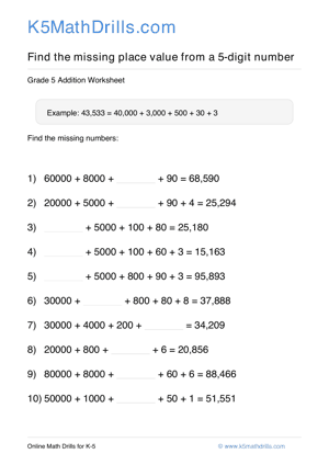 Grade 5 Place Value Missing 5 Digit 53