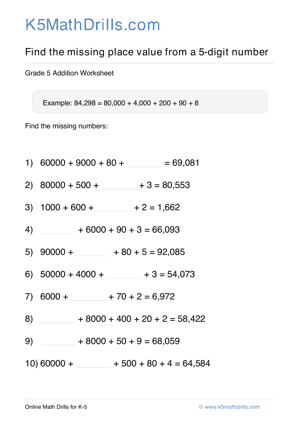 Grade 5 Place Value Missing 5 Digit 56