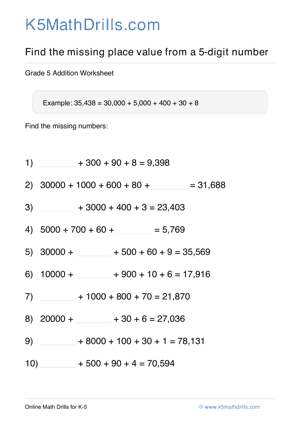 Grade 5 Place Value Missing 5 Digit 58