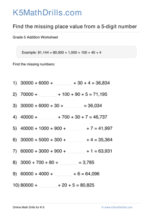 Grade 5 Place Value Missing 5 Digit 59