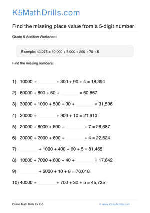 Grade 5 Place Value Missing 5 Digit 6