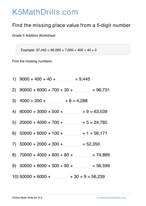 Grade 5 Place Value Missing 5 Digit 60