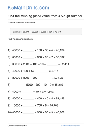 Grade 5 Place Value Missing 5 Digit 61