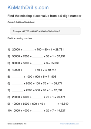 Grade 5 Place Value Missing 5 Digit 62