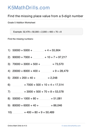 Grade 5 Place Value Missing 5 Digit 64