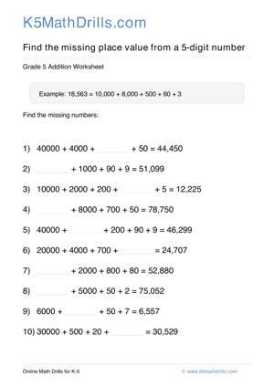 Grade 5 Place Value Missing 5 Digit 65