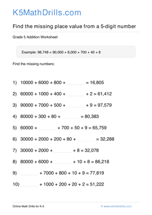 Grade 5 Place Value Missing 5 Digit 66