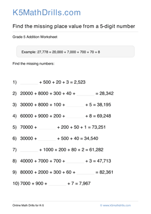 Grade 5 Place Value Missing 5 Digit 67