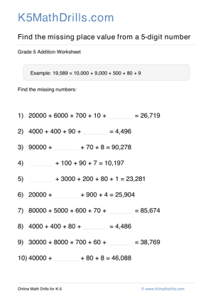 Grade 5 Place Value Missing 5 Digit 68