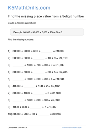 Grade 5 Place Value Missing 5 Digit 69