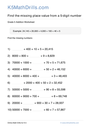 Grade 5 Place Value Missing 5 Digit 7