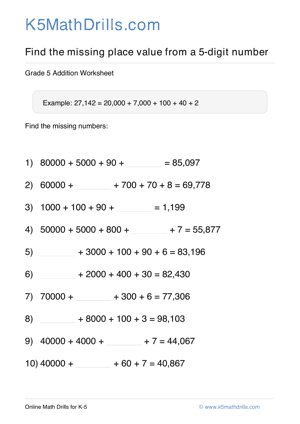 Grade 5 Place Value Missing 5 Digit 70