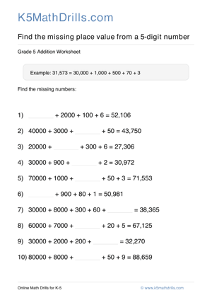 Grade 5 Place Value Missing 5 Digit 71